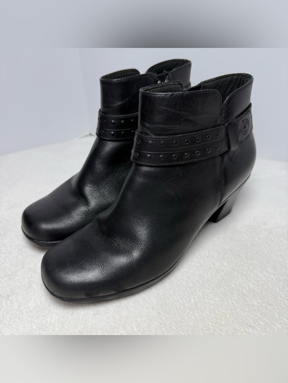 Clarks Black Leather Ankle Booties with Studded Strap Detail